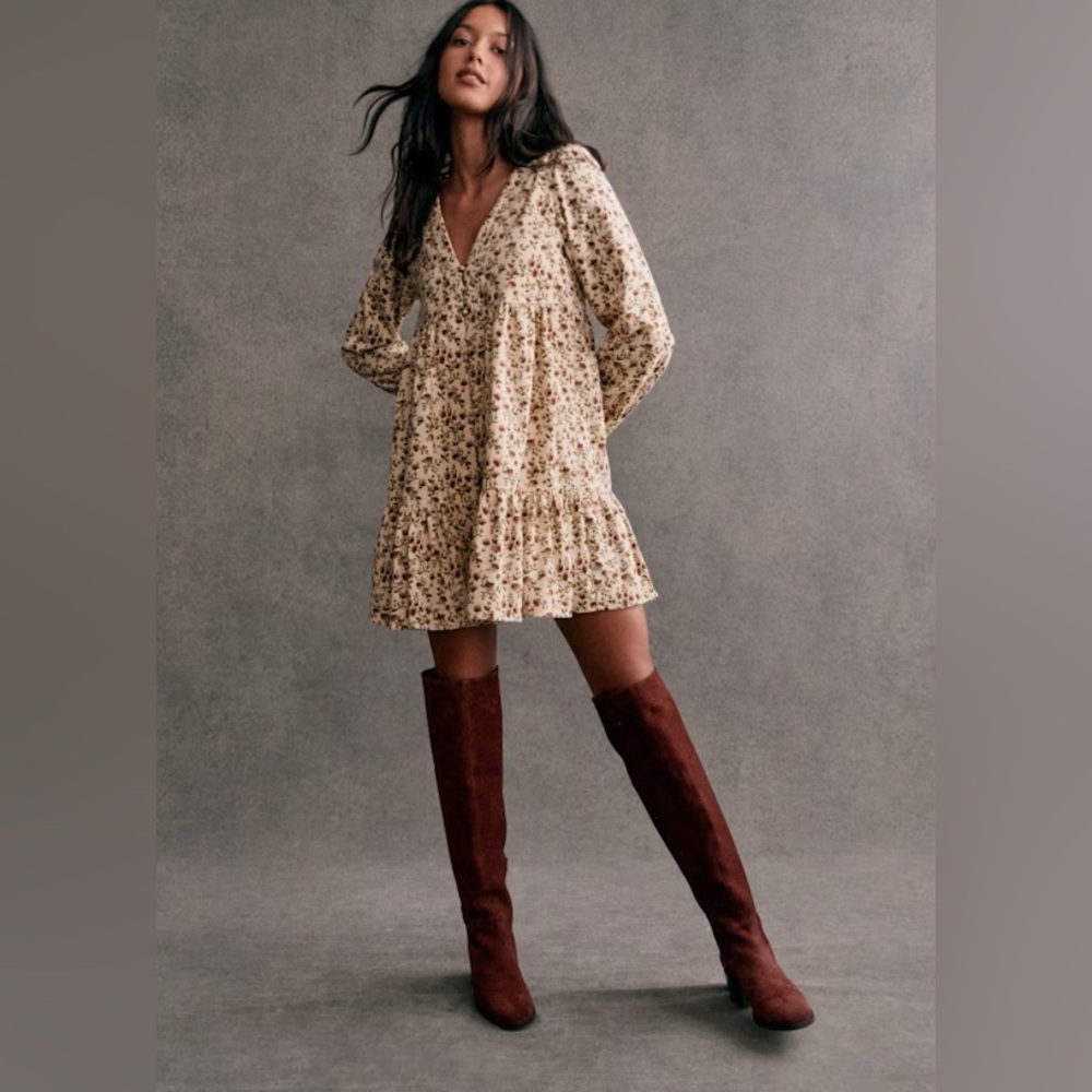 Sezane AURELIE Long Sleeve Dress in Miranda Ecru Print